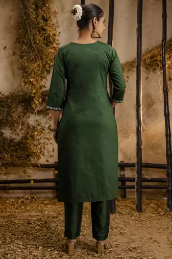 Green color silk blend embroidery ceremonial readymade suit