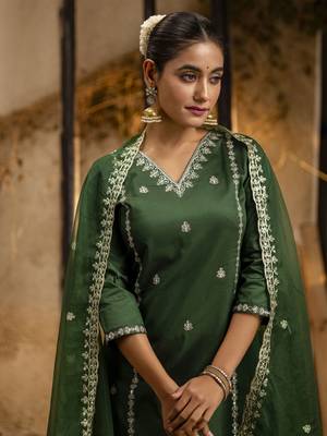 Green color silk blend embroidery ceremonial readymade suit 3