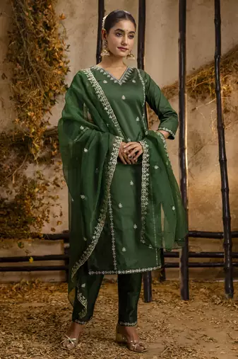 Green color silk blend embroidery ceremonial readymade suit