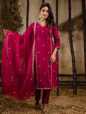 Maroon color silk blend embroidery ceremonial readymade suit 1
