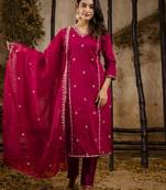 Maroon color silk blend fabric designer embroidery work ceremonial readymade suit