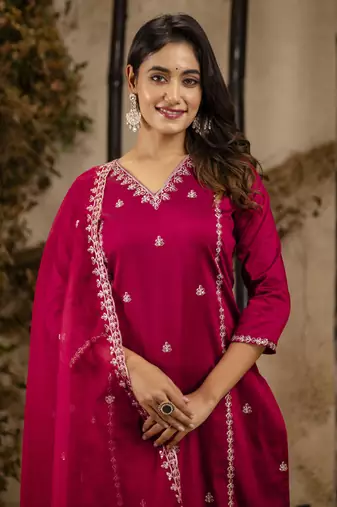 Maroon color silk blend embroidery ceremonial readymade suit