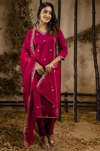 Maroon color silk blend embroidery ceremonial readymade suit