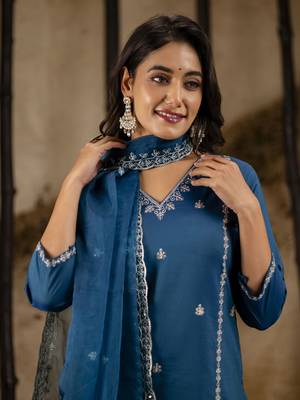 Teal color silk blend embroidery ceremonial readymade suit 3