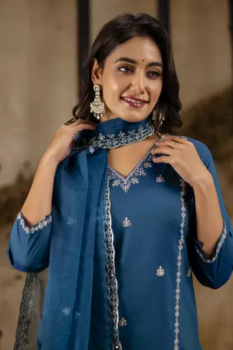 Teal color silk blend embroidery ceremonial readymade suit