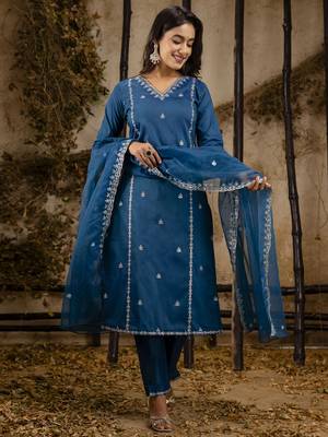 Teal color silk blend embroidery ceremonial readymade suit 4