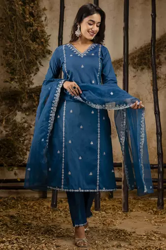 Teal color silk blend embroidery ceremonial readymade suit
