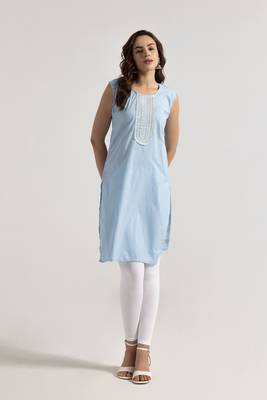 Sky blue color rayon fabric designer embroidery work smart formal long kurti 1