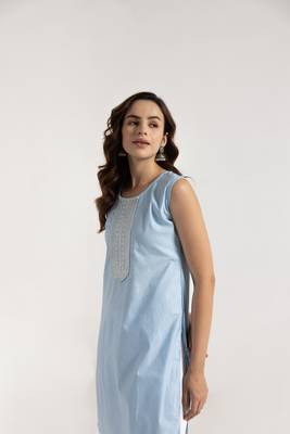 Sky blue color rayon fabric designer embroidery work smart formal long kurti 3