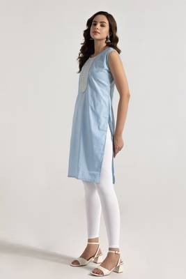 Sky blue color rayon fabric designer embroidery work smart formal long kurti 4