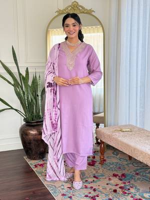 Lavender color viscose slub fabric designer embrodidered readymade kurta set 1