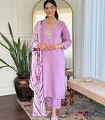 Lavender color viscose slub fabric designer embrodidered readymade kurta set