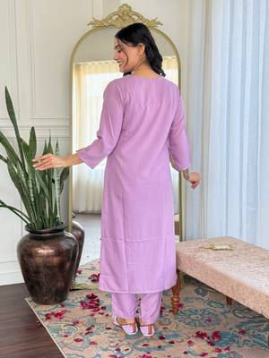 Lavender color viscose slub fabric designer embrodidered readymade kurta set 2