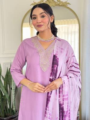 Lavender color viscose slub fabric designer embrodidered readymade kurta set 3