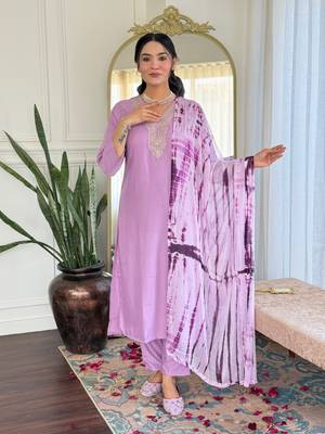 Lavender color viscose slub fabric designer embrodidered readymade kurta set 4