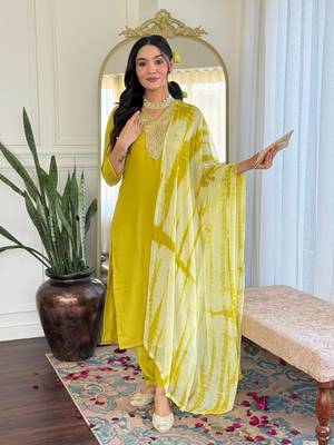 Lemon color viscosee slub embrodidered readymade kurta set 1