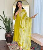 Lemon color viscosee slub fabric embrodidered readymade kurta set