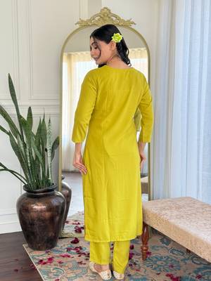 Lemon color viscosee slub embrodidered readymade kurta set 2