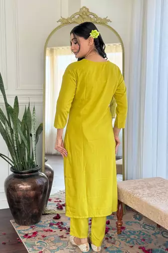 Lemon color viscosee slub embrodidered readymade kurta set