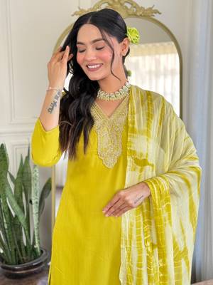 Lemon color viscosee slub embrodidered readymade kurta set 3
