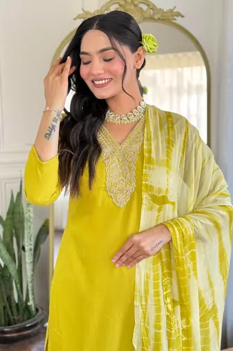 Lemon color viscosee slub embrodidered readymade kurta set
