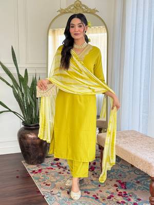 Lemon color viscosee slub embrodidered readymade kurta set 4