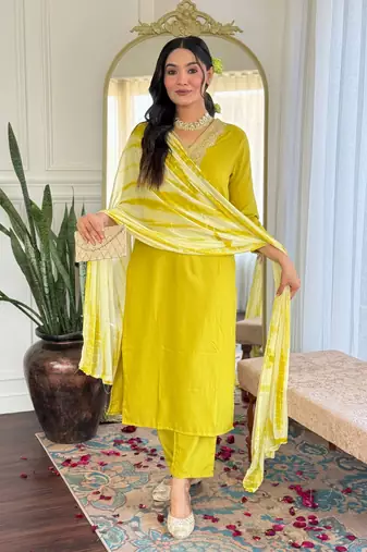 Lemon color viscosee slub embrodidered readymade kurta set