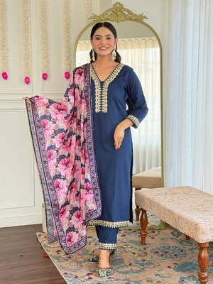 Blue color viscosee slub embrodidered readymade kurta set 1