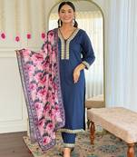 Blue color viscose slub fabric designer embrodidered readymade kurta set