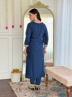 Blue color viscosee slub embrodidered readymade kurta set 2