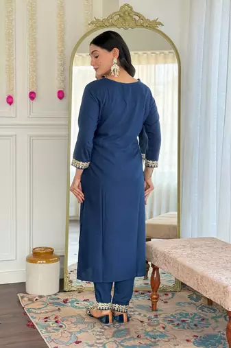 Blue color viscosee slub embrodidered readymade kurta set