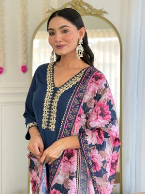 Blue color viscosee slub embrodidered readymade kurta set 3