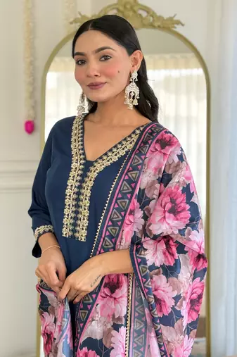 Blue color viscosee slub embrodidered readymade kurta set