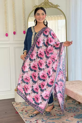 Blue color viscosee slub embrodidered readymade kurta set