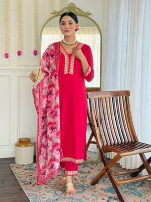 Pink color viscosee slub embrodidered readymade kurta set 1