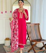 Pink color viscosee slub fabric embrodidered readymade kurta set