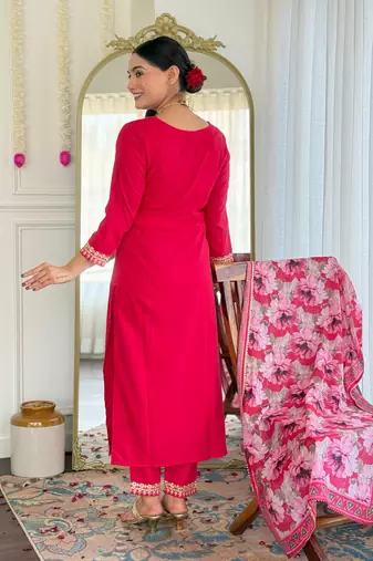 Pink color viscosee slub embrodidered readymade kurta set