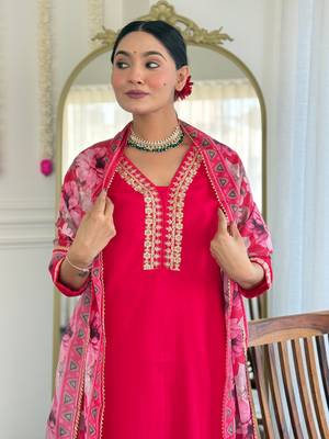 Pink color viscosee slub embrodidered readymade kurta set 3