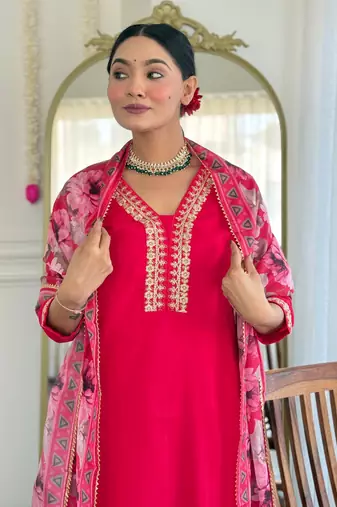 Pink color viscosee slub embrodidered readymade kurta set