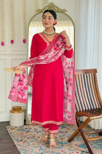 Pink color viscosee slub embrodidered readymade kurta set