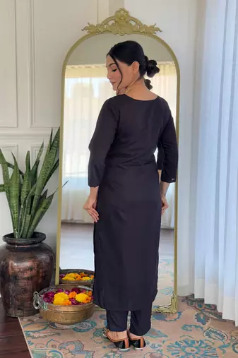Black color viscosee slub embrodidered readymade kurta set