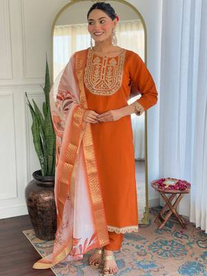 Orange color viscosee rayon embrodidered readymade kurta set 1