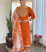 Orange color viscosee rayon fabric embrodidered readymade kurta set