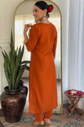 Orange color viscosee rayon embrodidered readymade kurta set