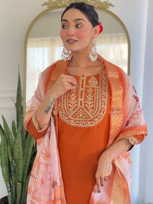 Orange color viscosee rayon embrodidered readymade kurta set 3