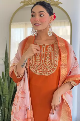 Orange color viscosee rayon embrodidered readymade kurta set