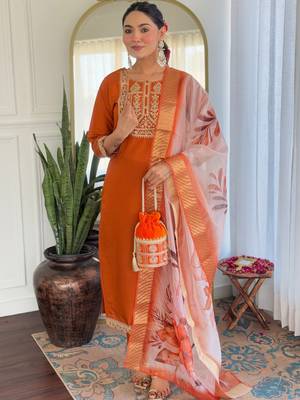 Orange color viscosee rayon embrodidered readymade kurta set 4