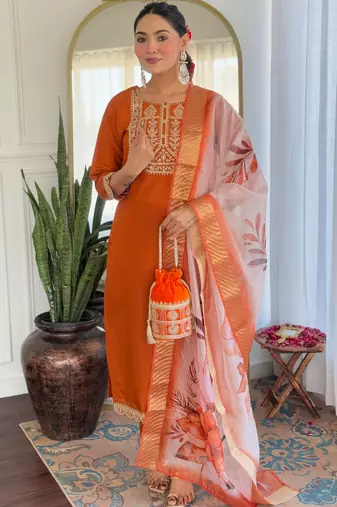 Orange color viscosee rayon embrodidered readymade kurta set