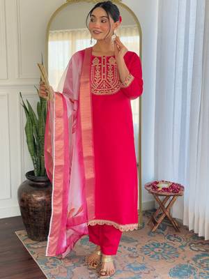 Pink color viscosee rayon embrodidered readymade kurta set 1