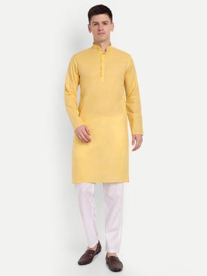 Yellow cotton printed full sleeve collar neck kameez kurta for men 1